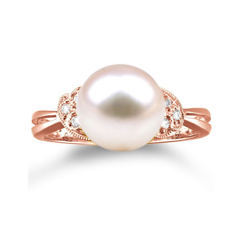 Bague perle Chine - Perle d'eau douce blanche - Diamants, or rose - 2