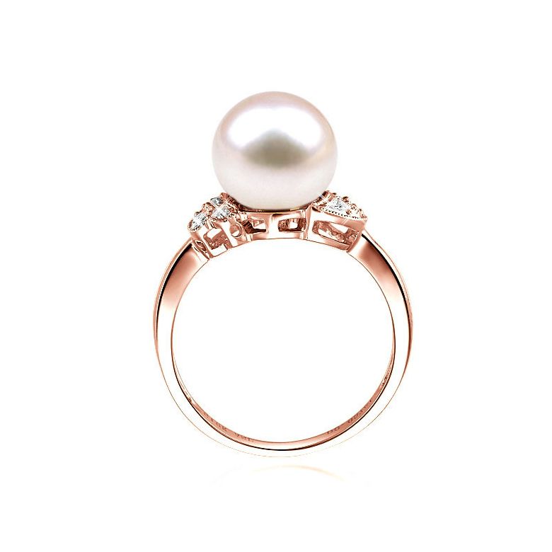 Bague perle Chine - Perle d'eau douce blanche - Diamants, or rose - 3