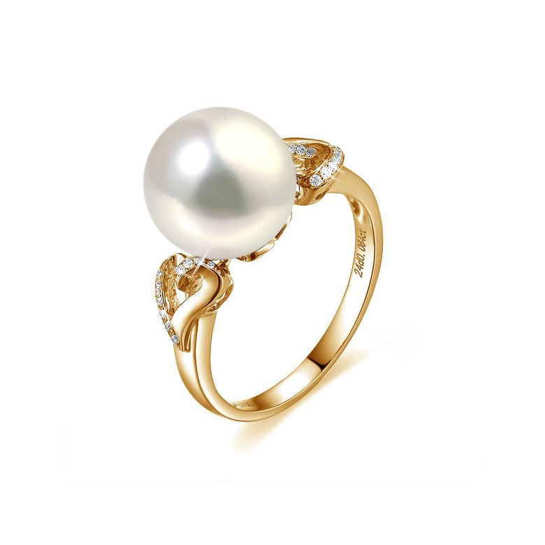 Bague coeur de perle diamanté - Or jaune et Perle d'eau douce blanche - 1