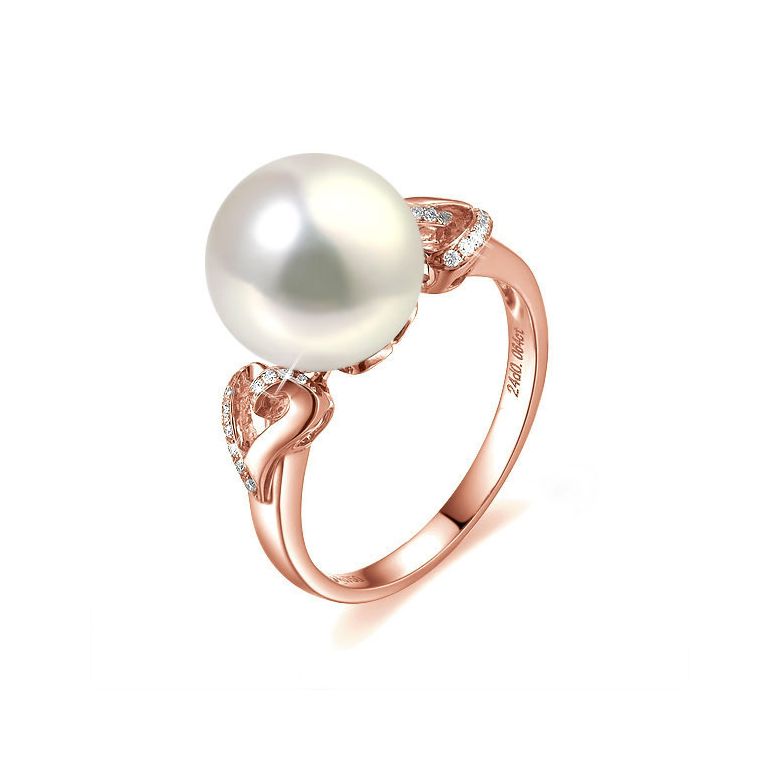 Bague coeur de perle diamanté - Or rose et Perle d'eau douce blanche - 1