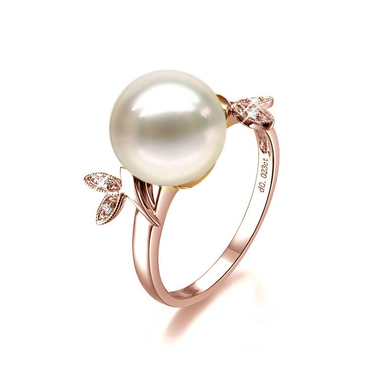 Bague Perle Or Rose Diamant. Feuilles Étincelantes  - 1