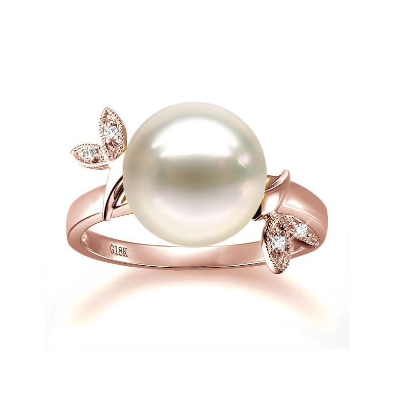 Bague Perle Or Rose Diamant. Feuilles Étincelantes  - 2