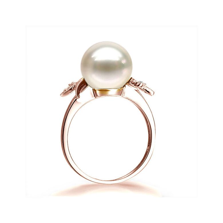 Bague Perle Or Rose Diamant. Feuilles Étincelantes  - 3