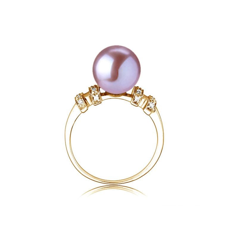 Bague moderne femme en or jaune - Perle eau douce blanche - Diamants - 9