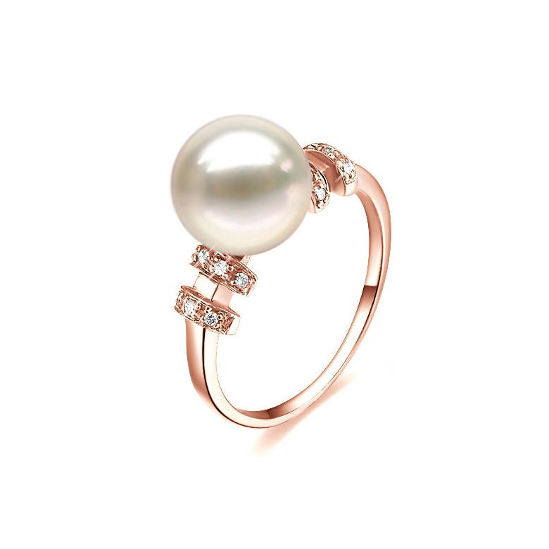 Bague moderne femme en or rose - Perle eau douce blanche - Diamants - 1