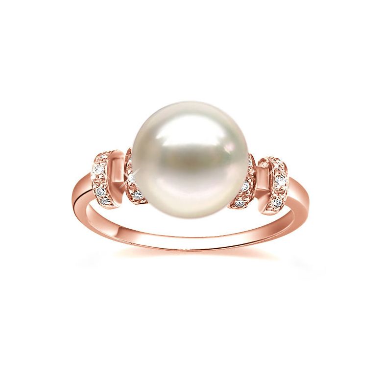 Bague moderne femme en or rose - Perle eau douce blanche - Diamants - 2
