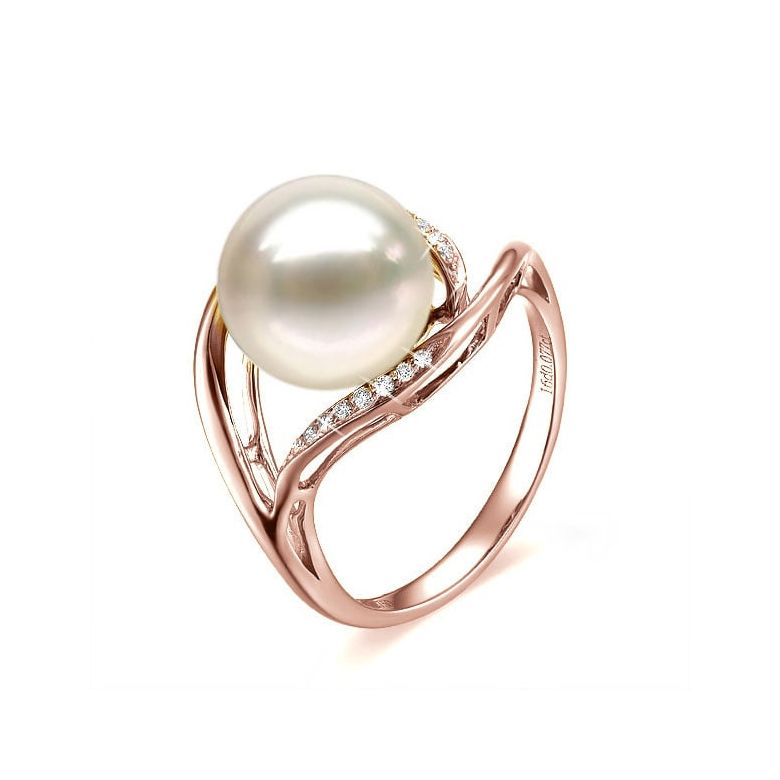 Bague femme perle - Or rose, diamants - Perle de culture blanche - 1