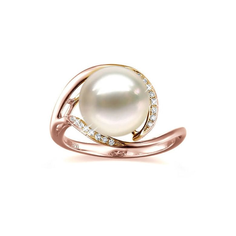 Bague femme perle - Or rose, diamants - Perle de culture blanche - 3