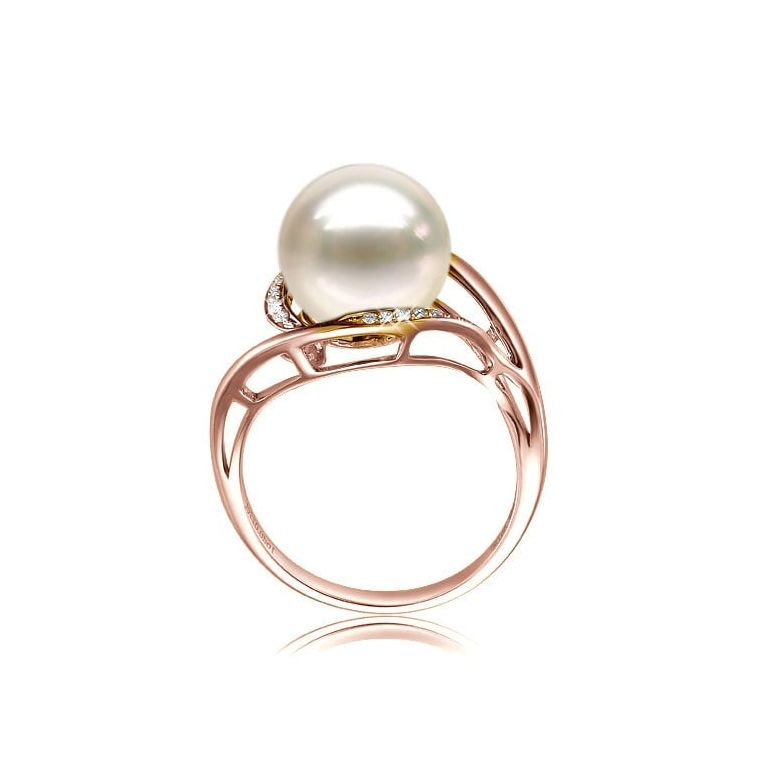Bague femme perle - Or rose, diamants - Perle de culture blanche - 4