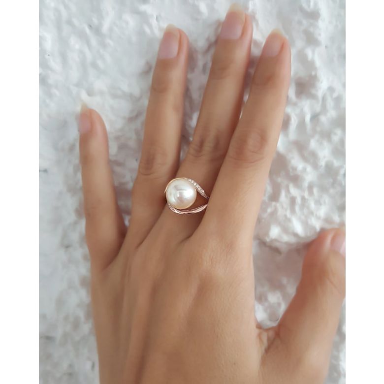 Bague femme perle - Or rose, diamants - Perle de culture blanche - 7