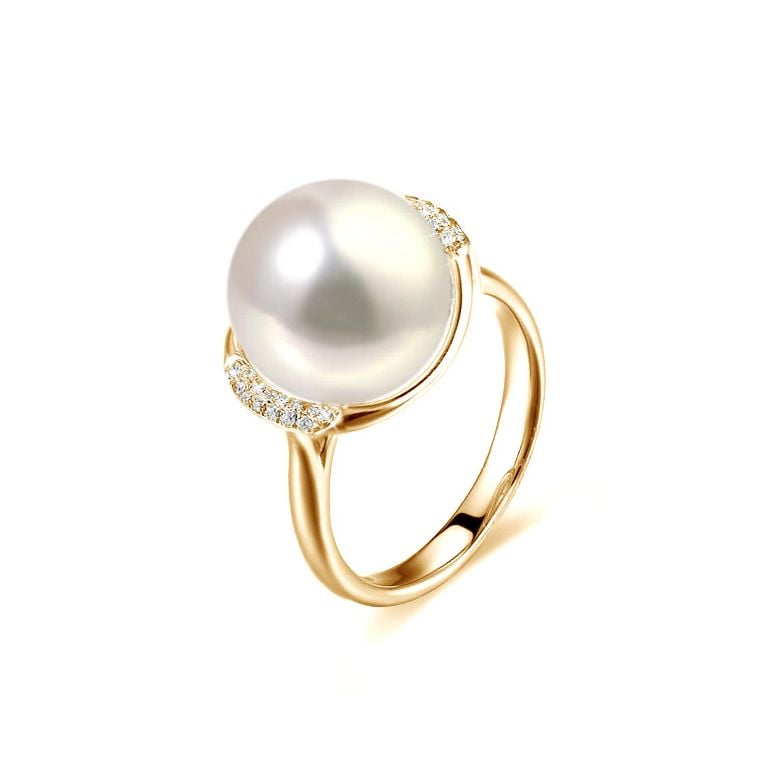 Bague perle d'eau douce et or jaune - Plateau circulaire en diamants - 1