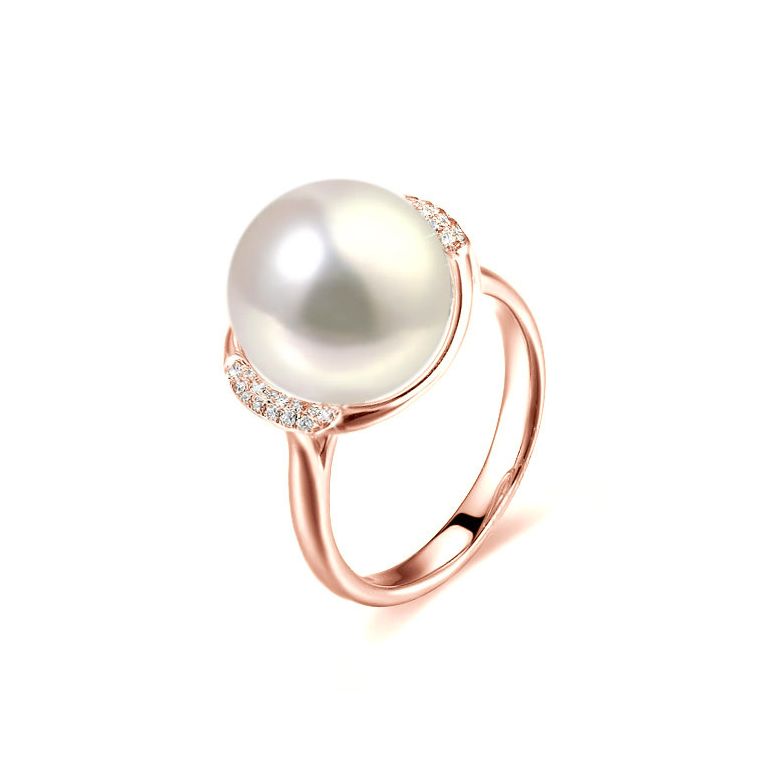 Bague perle d'eau douce et or rose - Plateau circulaire en diamants - 1