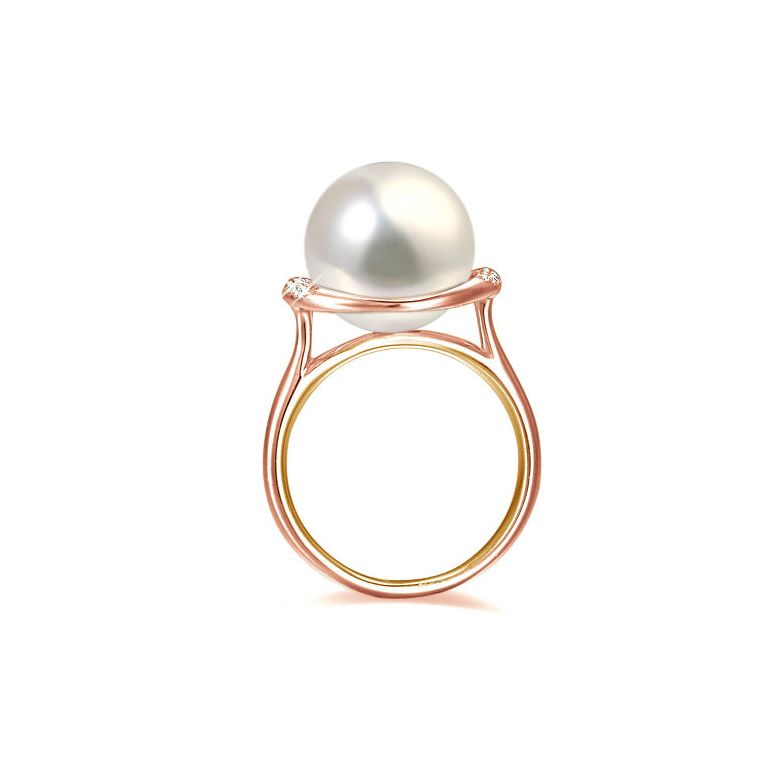 Bague perle d'eau douce et or rose - Plateau circulaire en diamants - 4