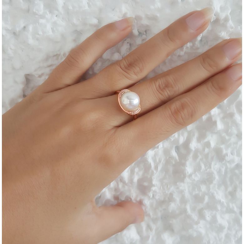 Bague perle d'eau douce et or rose - Plateau circulaire en diamants - 5