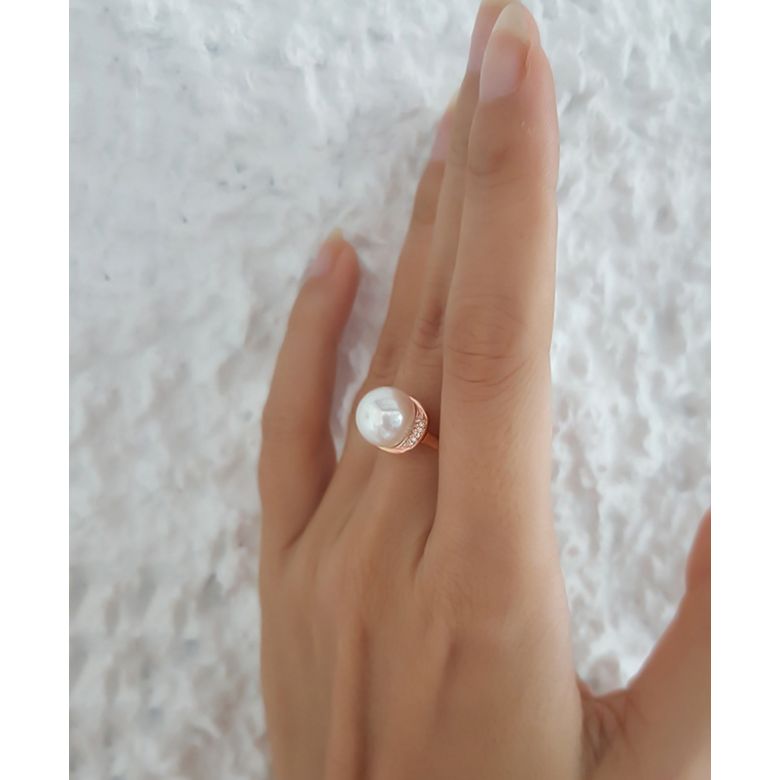 Bague perle d'eau douce et or rose - Plateau circulaire en diamants - 6