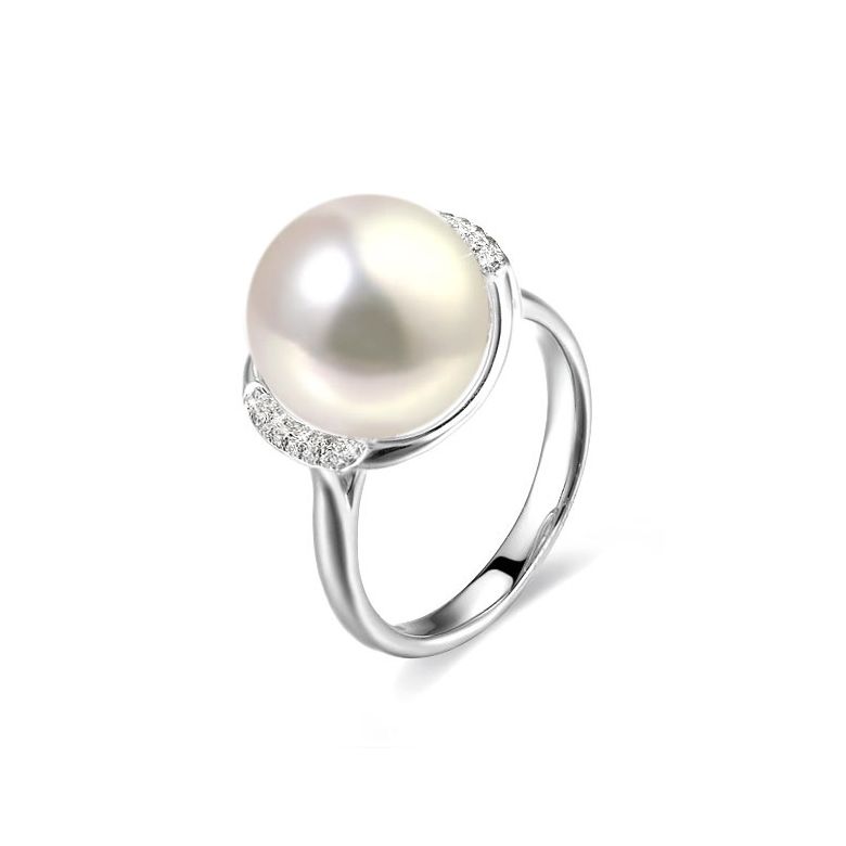 Bague perle d'eau douce et or blanc - Plateau circulaire en diamants - 1