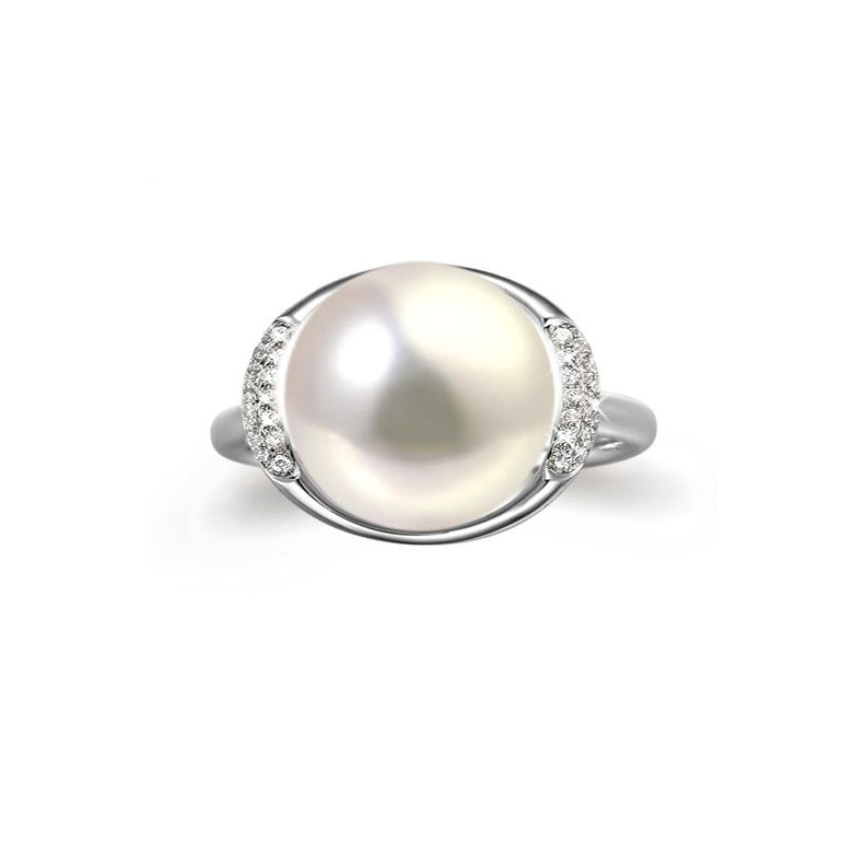 Bague perle d'eau douce et or blanc - Plateau circulaire en diamants - 2