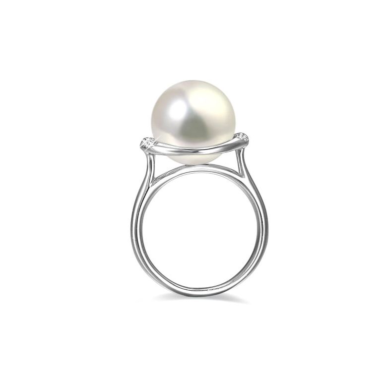 Bague perle d'eau douce et or blanc - Plateau circulaire en diamants - 3