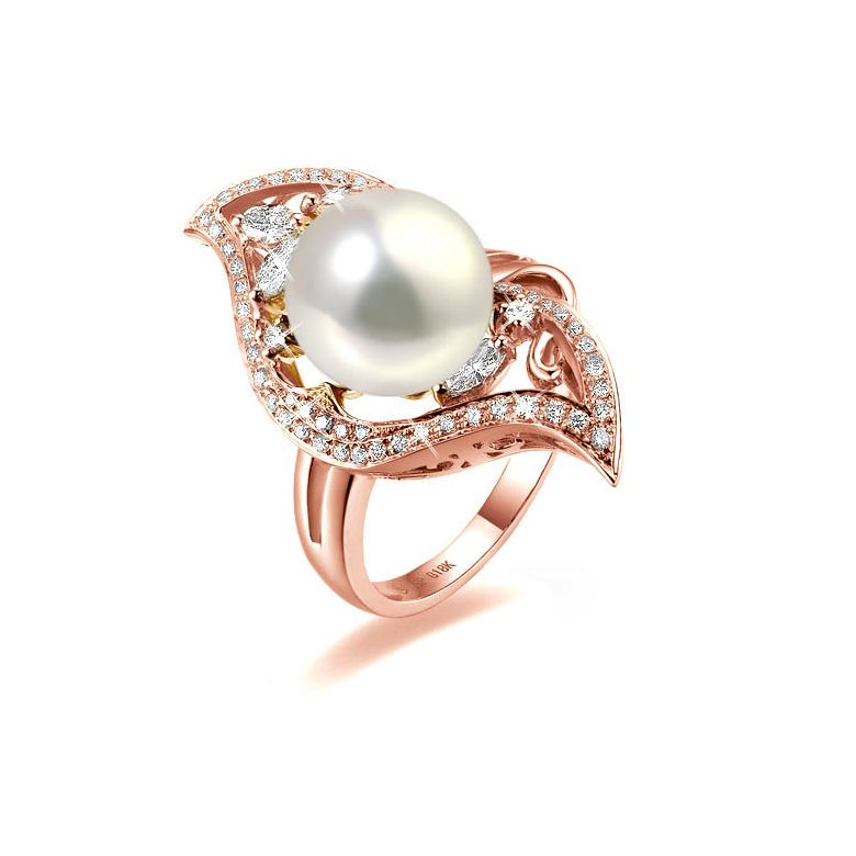 Bague végétale or rose - Perle eau douce blanche de culture, Diamants - 1