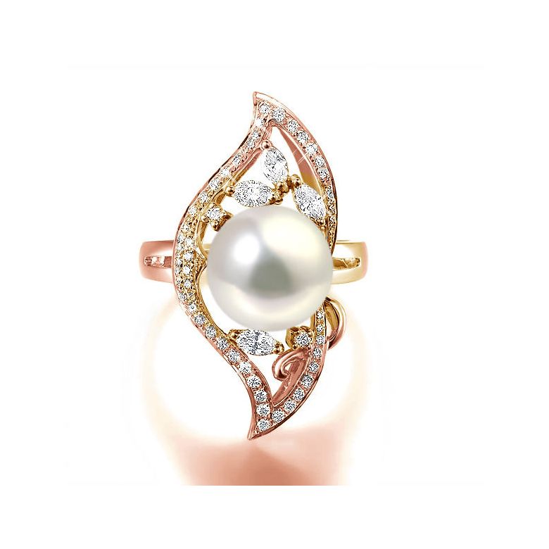 Bague végétale or rose - Perle eau douce blanche de culture, Diamants - 2