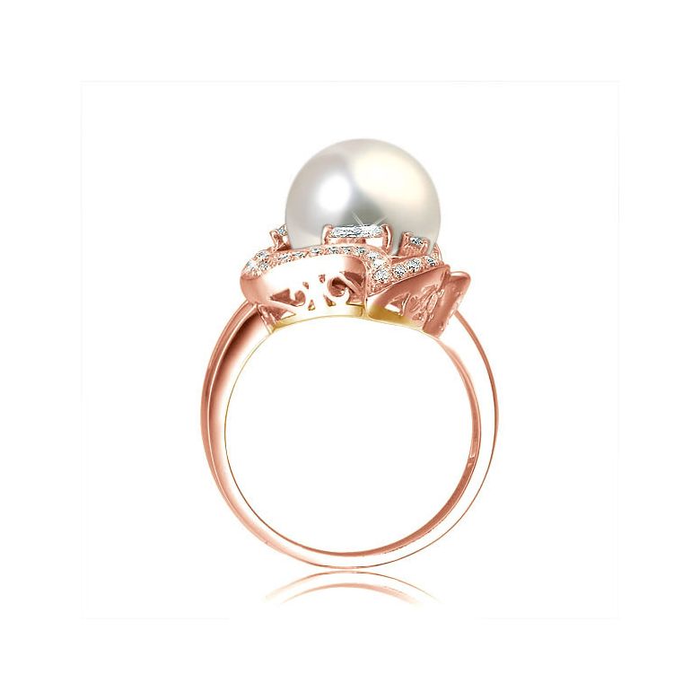 Bague végétale or rose - Perle eau douce blanche de culture, Diamants - 3