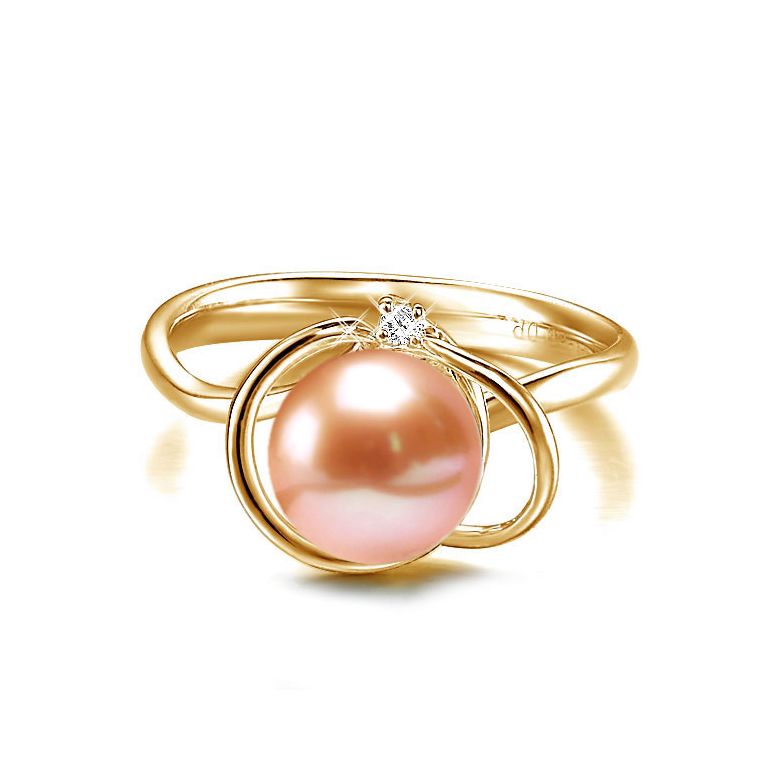 Bague perle d'eau douce blanche - 9.5/10mm, AAA - Or jaune, diamant - 8