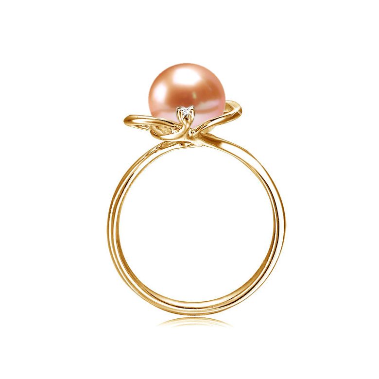 Bague perle d'eau douce blanche - 9.5/10mm, AAA - Or jaune, diamant - 9