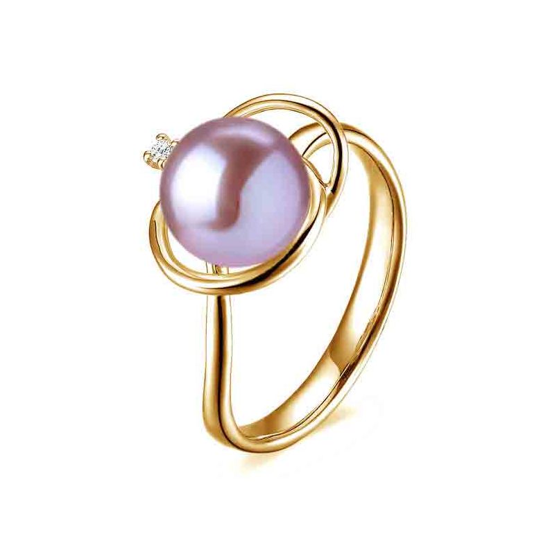 Bague perle d'eau douce blanche - 9.5/10mm, AAA - Or jaune, diamant - 10