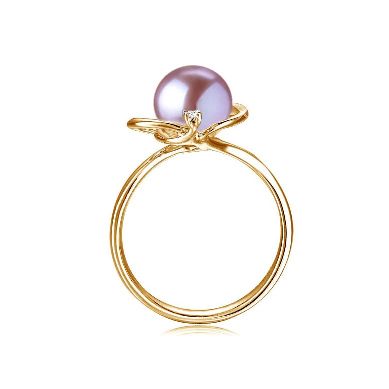 Bague perle d'eau douce blanche - 9.5/10mm, AAA - Or jaune, diamant - 12