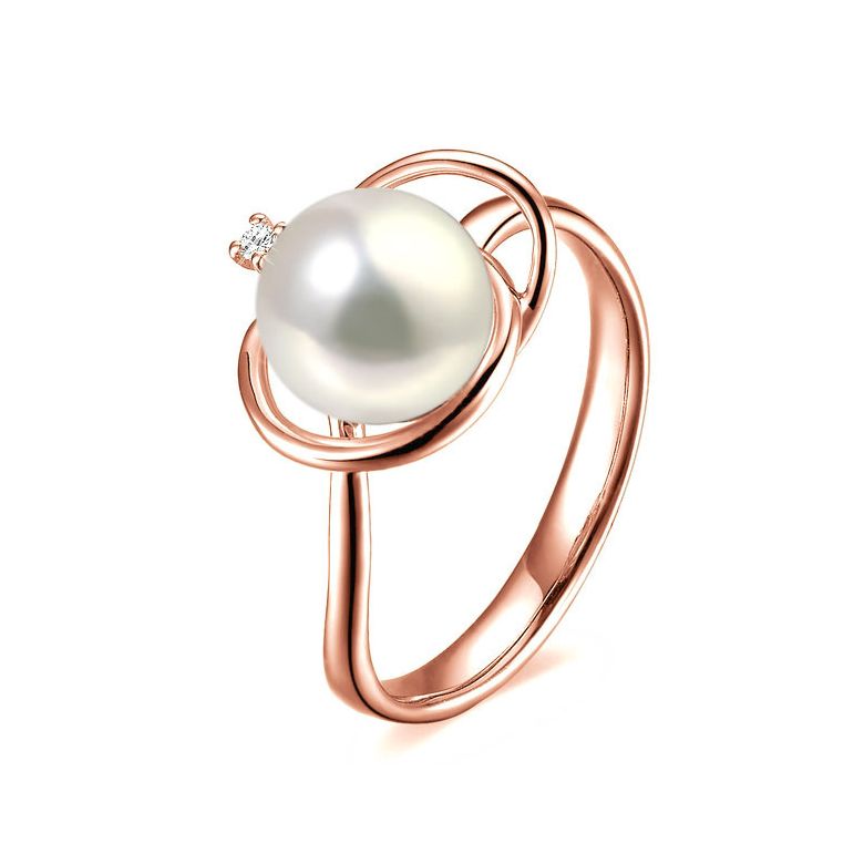 Bague perle d'eau douce blanche - 9.5/10mm, AAA - Or rose, diamant - 1