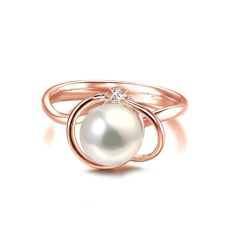 Bague perle d'eau douce blanche - 9.5/10mm, AAA - Or rose, diamant - 2