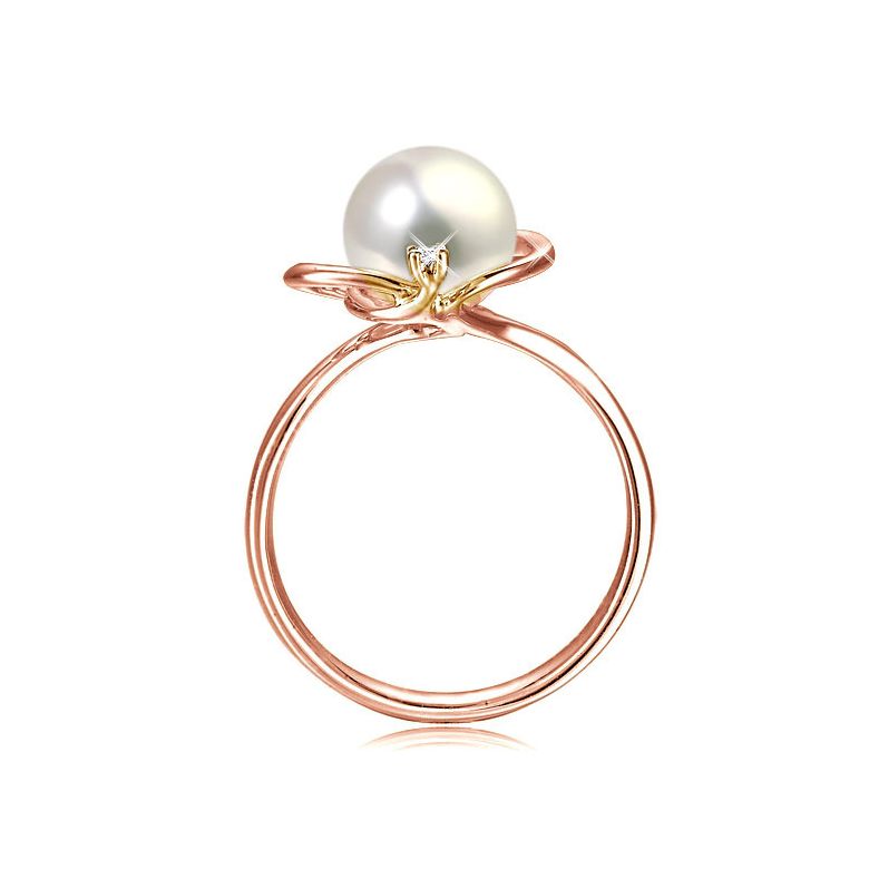 Bague perle d'eau douce blanche - 9.5/10mm, AAA - Or rose, diamant - 3