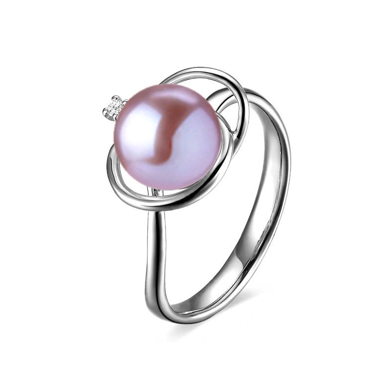 Bague perle d'eau douce blanche - 9.5/10mm, AAA - Or blanc, diamant - 7