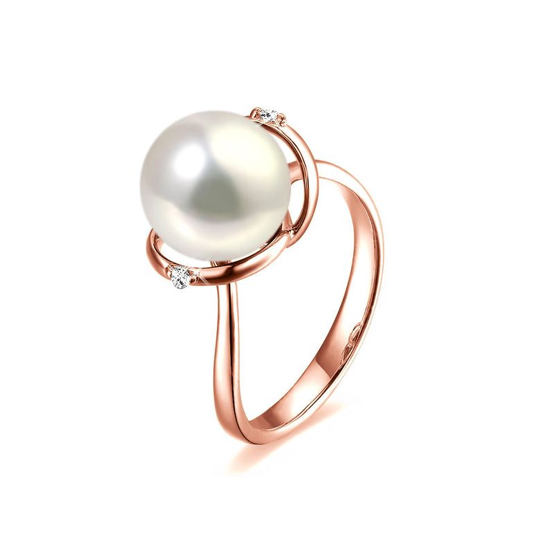 Bague or rose style circulaire - Perle de culture - 2 diamants sertis - 1