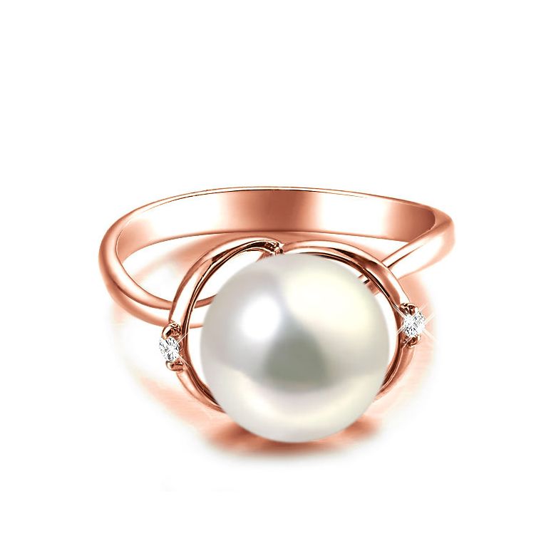 Bague or rose style circulaire - Perle de culture - 2 diamants sertis - 2