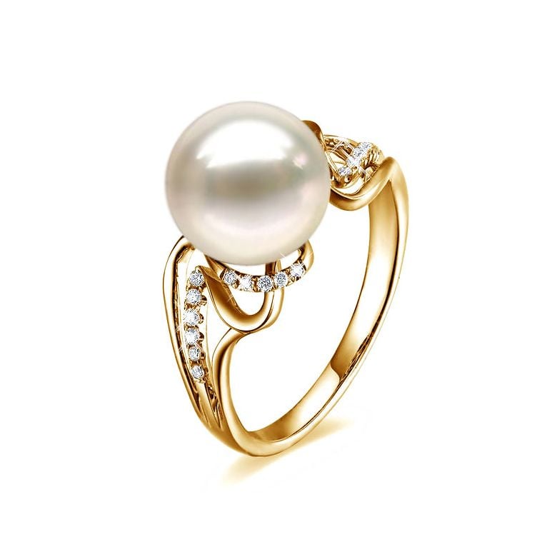 Bague moderne luxe perle de culture blanche - Or jaune, diamants - 1
