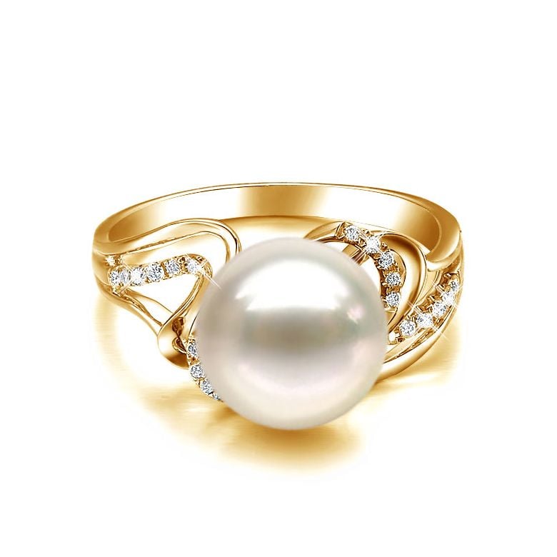 Bague moderne luxe perle de culture blanche - Or jaune, diamants - 2
