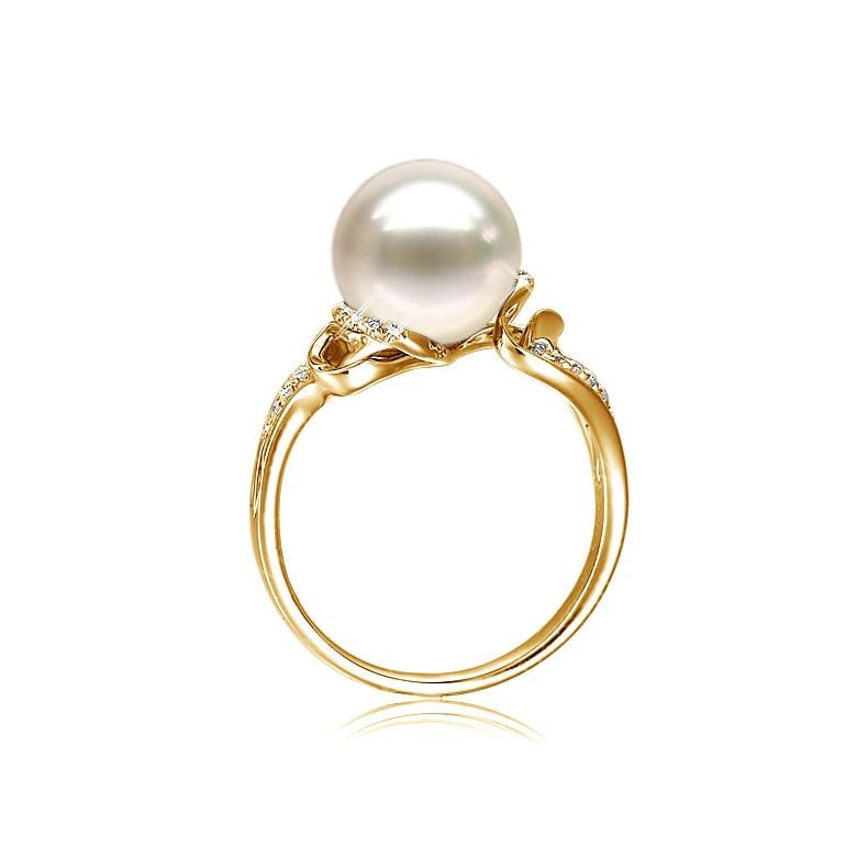 Bague moderne luxe perle de culture blanche - Or jaune, diamants - 3