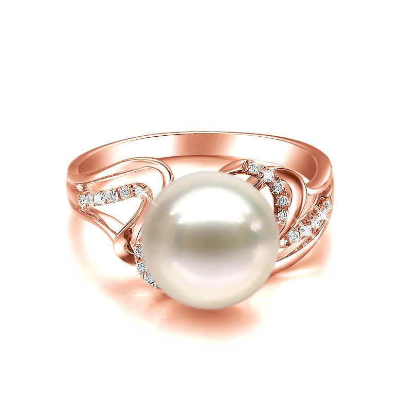 Bague moderne luxe perle de culture blanche - Or rose, diamants - 2