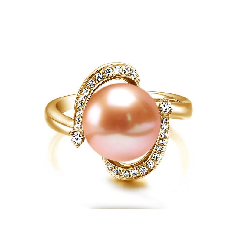 Bague voluptueuse or jaune et perle de culture blanche - Diamant pavé - 5