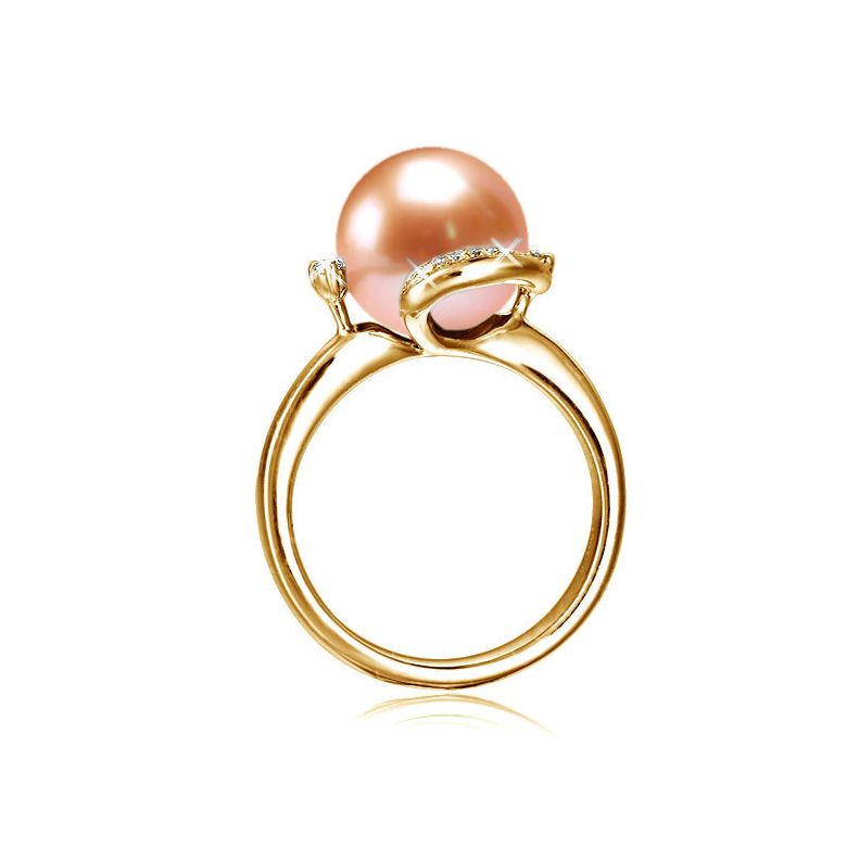 Bague voluptueuse or jaune et perle de culture blanche - Diamant pavé - 6