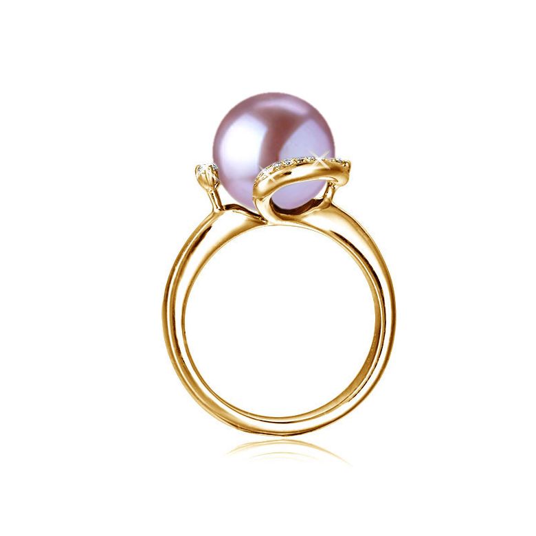 Bague voluptueuse or jaune et perle de culture blanche - Diamant pavé - 9