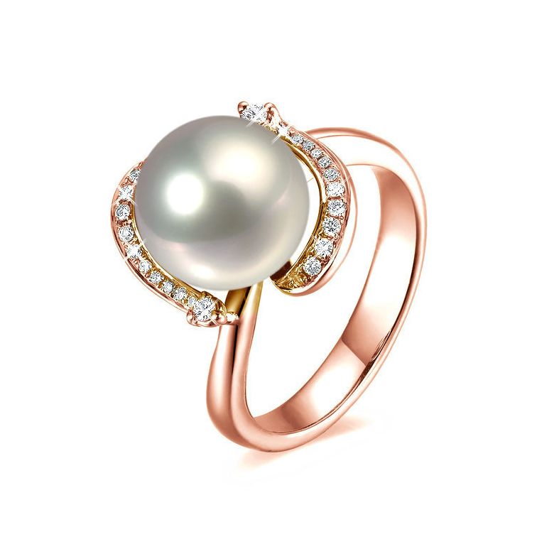 Bague voluptueuse or rose et perle de culture blanche - Diamant pavé - 1