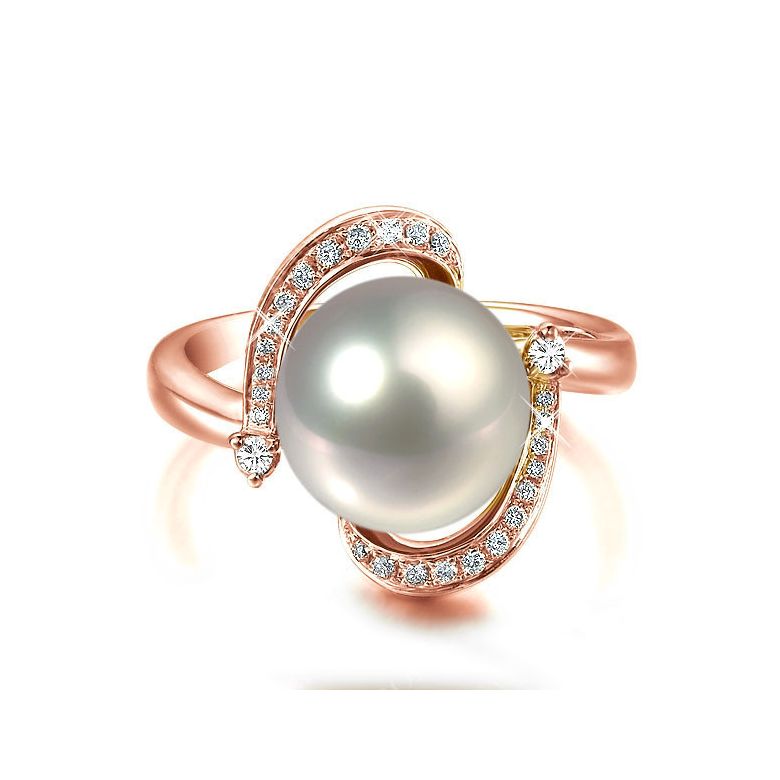 Bague voluptueuse or rose et perle de culture blanche - Diamant pavé - 2