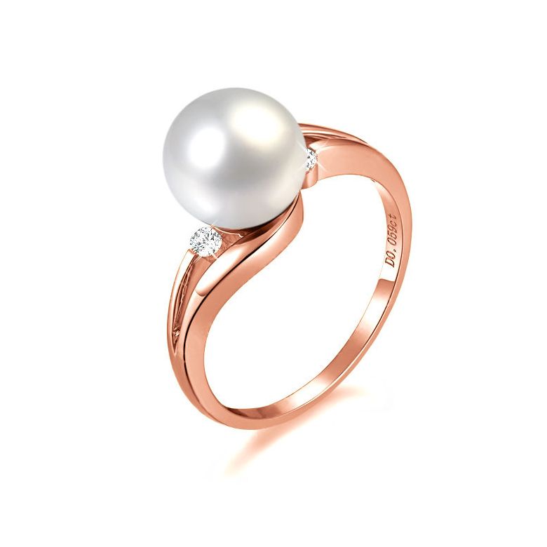 Bague feuilles de style - Perle culture blanche - Or rose, diamants - 1