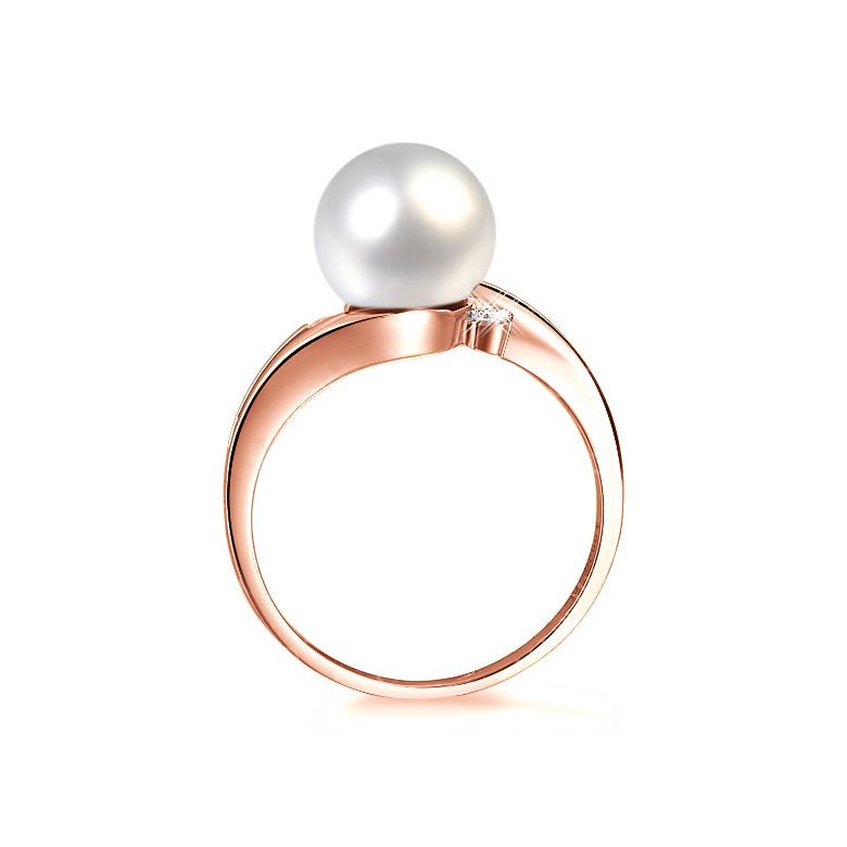 Bague feuilles de style - Perle culture blanche - Or rose, diamants - 2