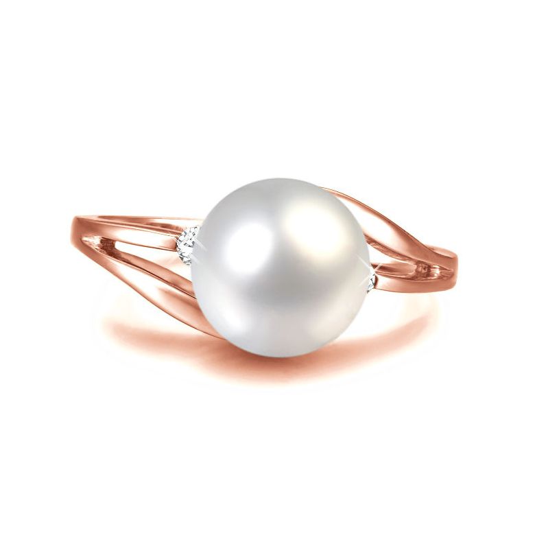 Bague feuilles de style - Perle culture blanche - Or rose, diamants - 3