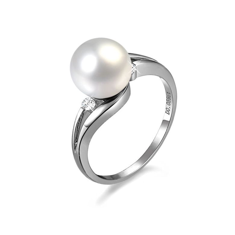 Bague feuille de style or blanc - Perle eau douce blanche, diamants - 1