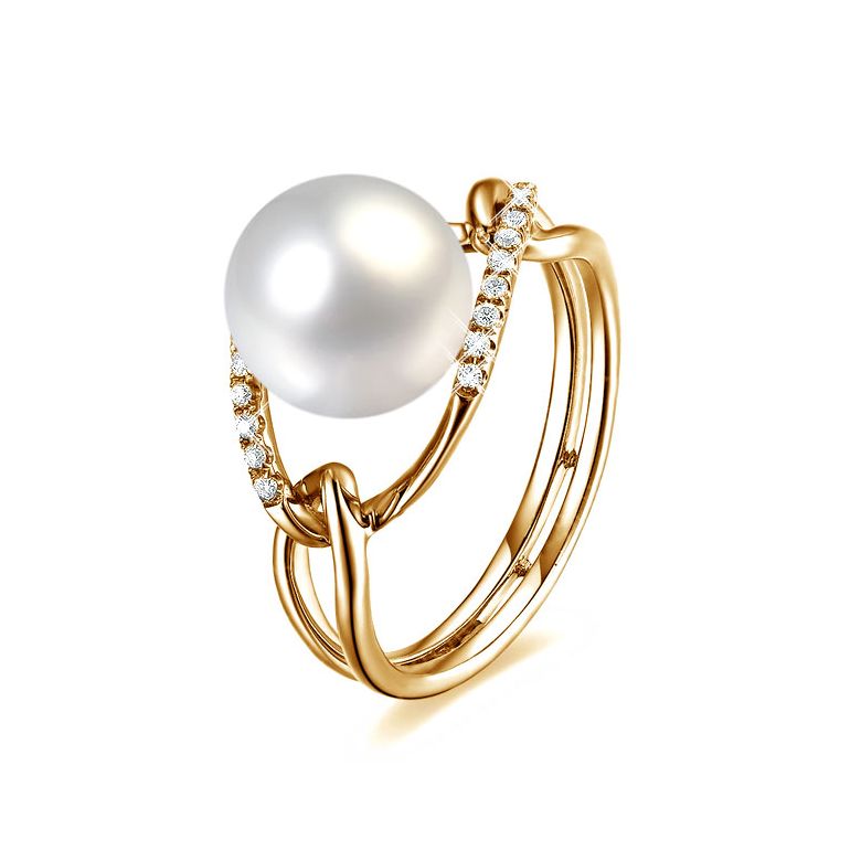 Bague or jaune perle blanche eau douce - 2 anneaux unis en diamants - 1