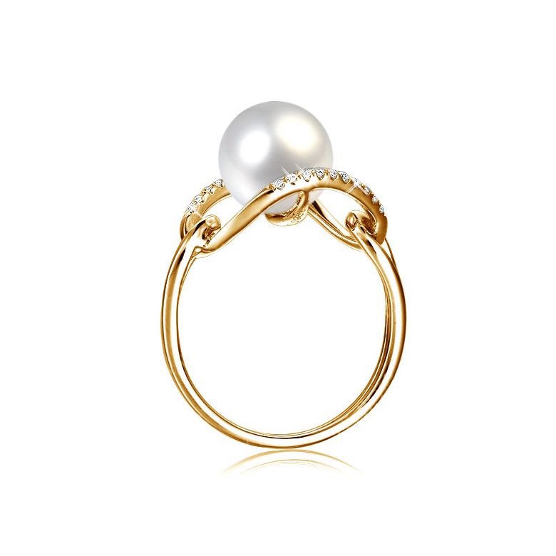 Bague or jaune perle blanche eau douce - 2 anneaux unis en diamants - 5